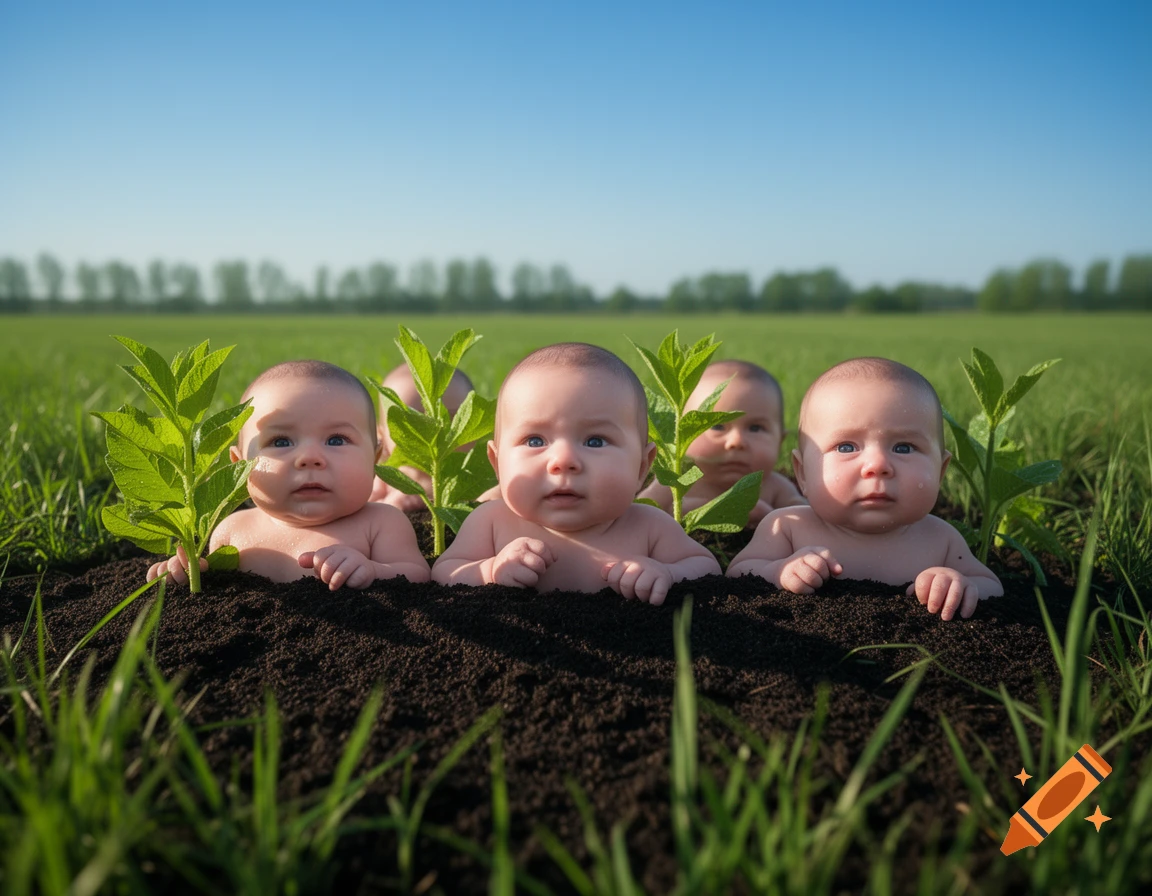 Photorealistic image of multiple babies with green plants growing out of dark soil in a vibrant green field under a clear blue sky.