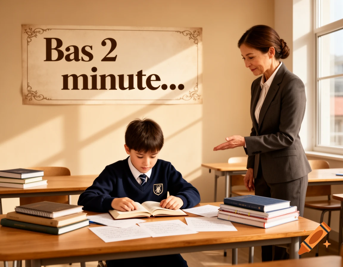 A boy in a school uniform reads at a desk with his teacher standing by in a classroom, a sign reads 'Bas 2 minute...'