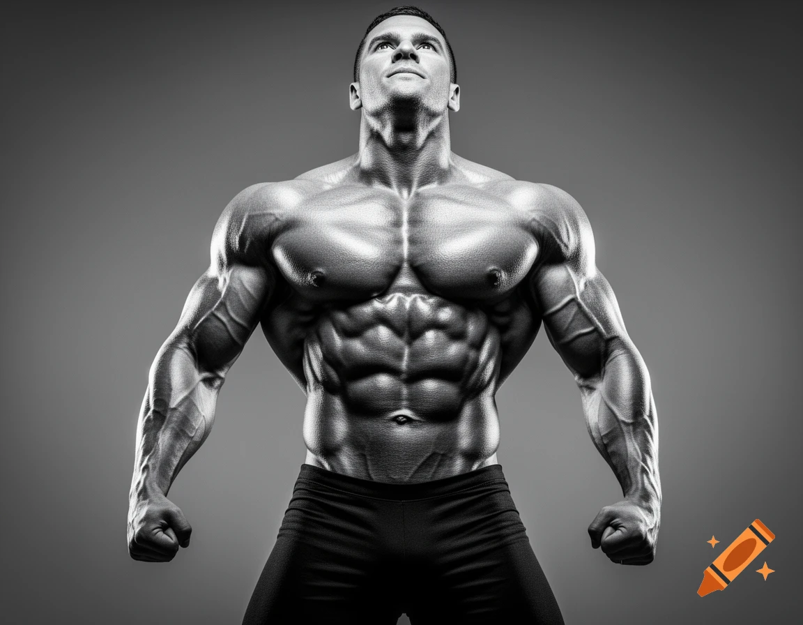 Monochrome photorealistic image of an extremely muscular, shirtless man with defined abs, looking up.