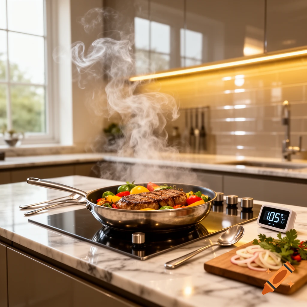 A sizzling steak and vegetables in a pan on a modern stovetop, with steam rising and a digital thermometer showing 105 G C.