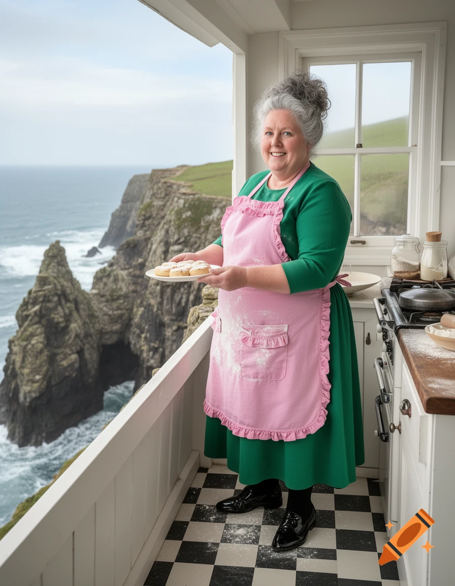 A woman in a pink apron and green dress holds a plate of scones in a kitchen overlooking a dramatic rocky coastline.