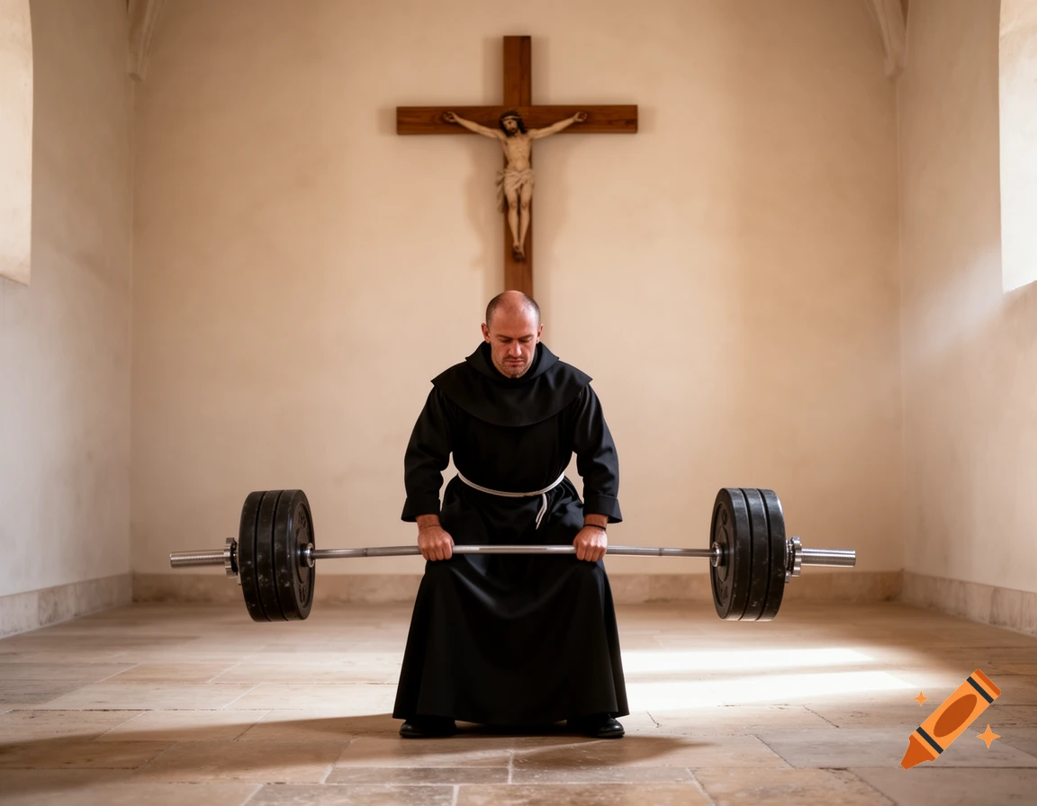 A bald monk in a black robe performs a deadlift with a heavy barbell in a minimalist monastery, beneath a crucifix on the wall.