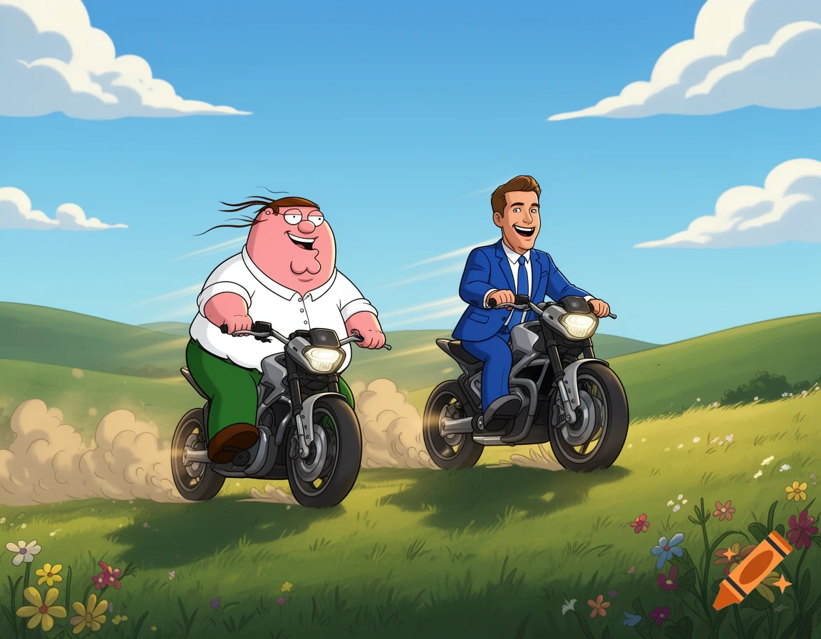 Cartoon Peter Griffin and Charlie Kirk ride motorcycles side-by-side down a grassy hill.