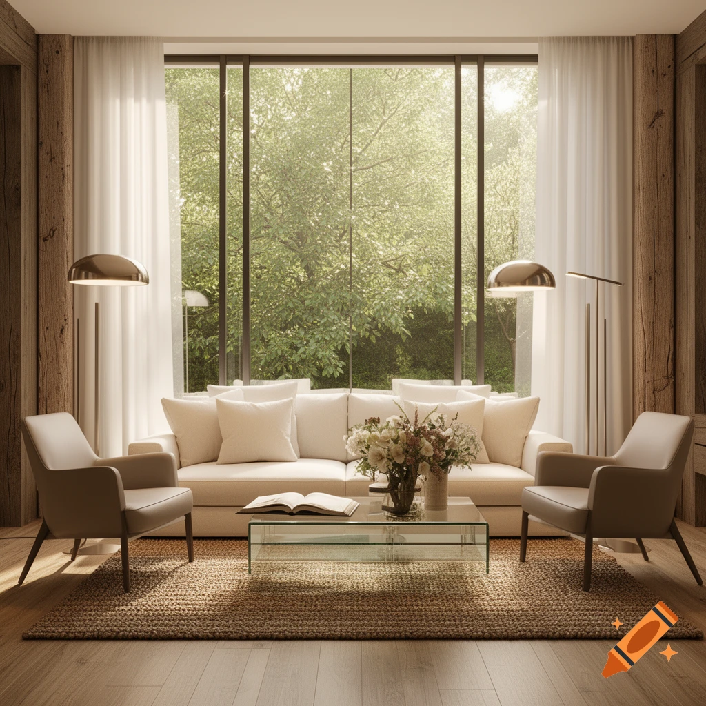 A bright, modern living room with a white sofa, two armchairs, a glass coffee table, and a large window overlooking lush trees.
