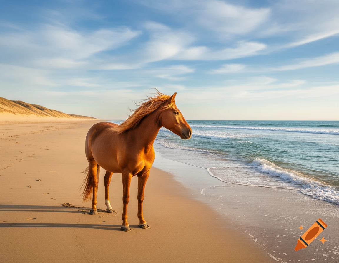 A photorealistic image of a brown horse standing on a sandy beach at sunset, with waves gently washing ashore and sand dunes in the background.