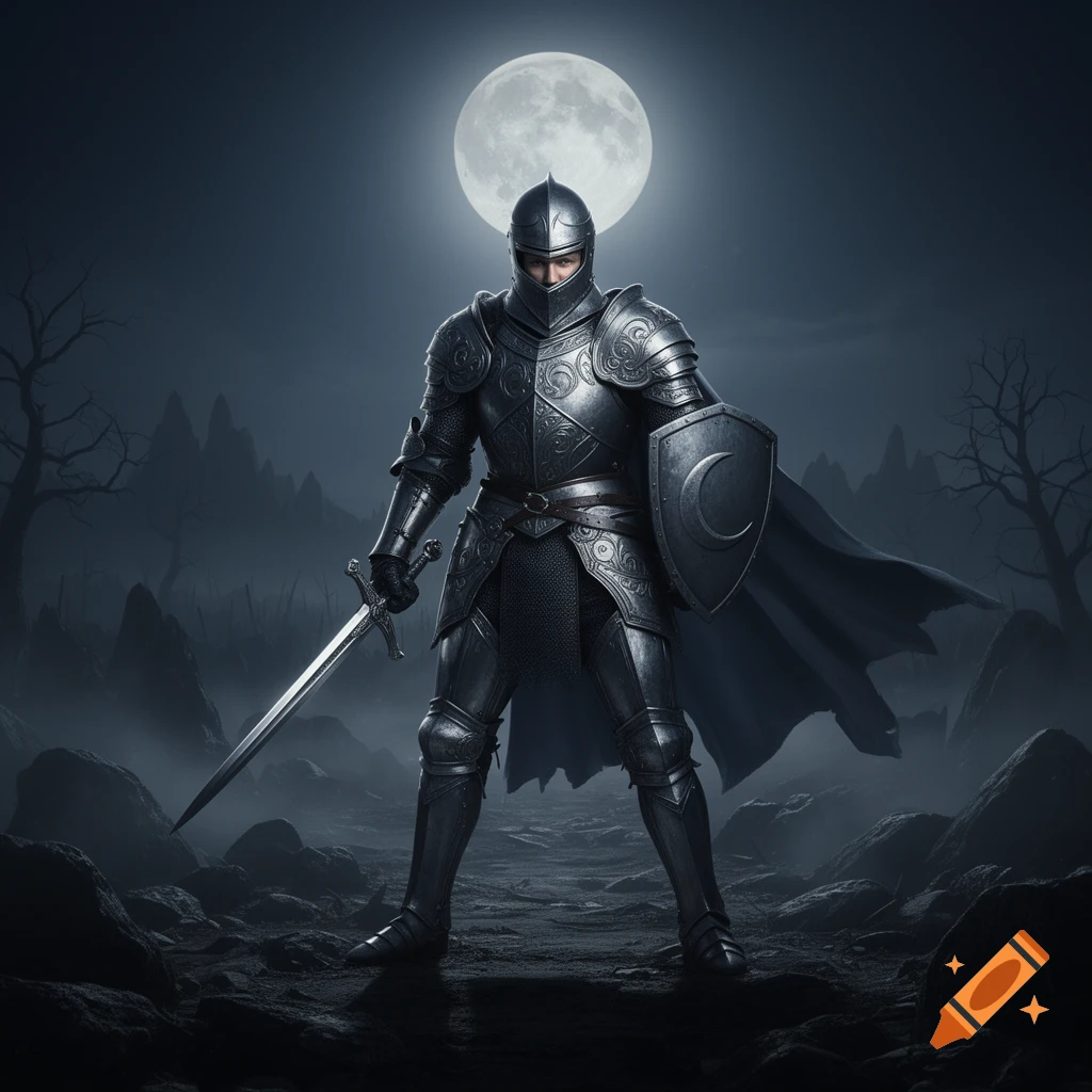 A knight in ornate silver armor stands in a rocky, misty landscape under a large full moon, holding a sword and shield.