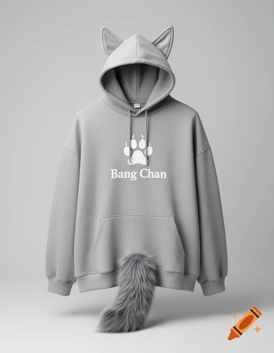 A modern, cozy gray oversized hoodie with wolf ears on the hood, a fluffy gray wolf tail, and a white paw print with 'Bang Chan' text on the chest.