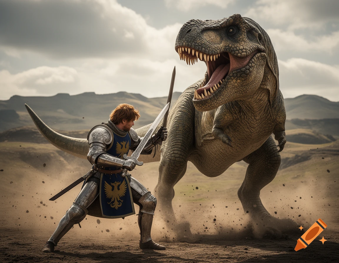 A knight in shining armor with a sword battles a roaring T-Rex in a dusty, barren landscape under a cloudy sky.