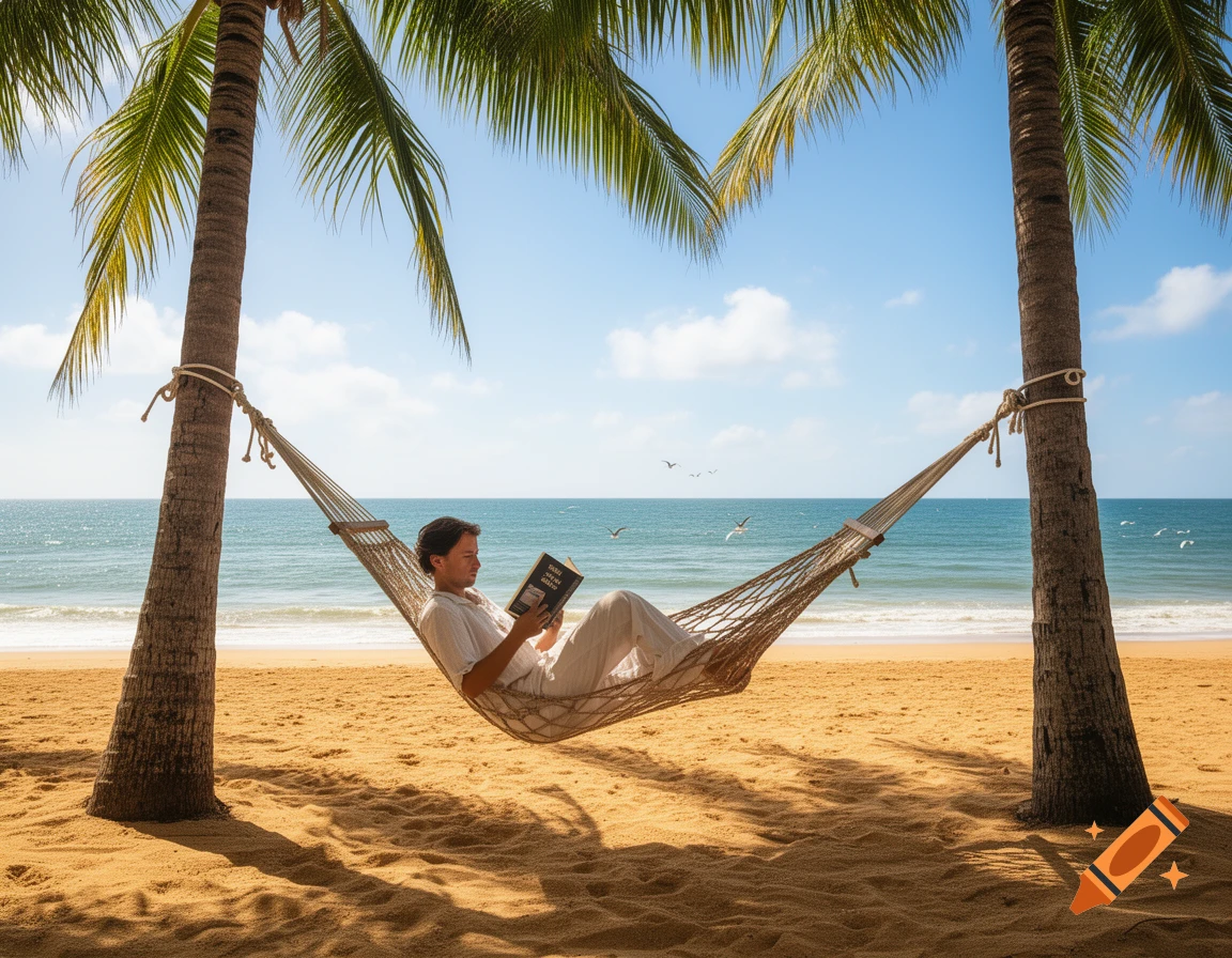 A person reads a book in a hammock strung between two palm trees on a sunny sandy beach with the ocean in the background.