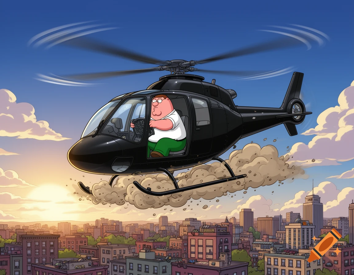 Peter Griffin from Family Guy flies a black helicopter over a city during sunset in a cartoon style.