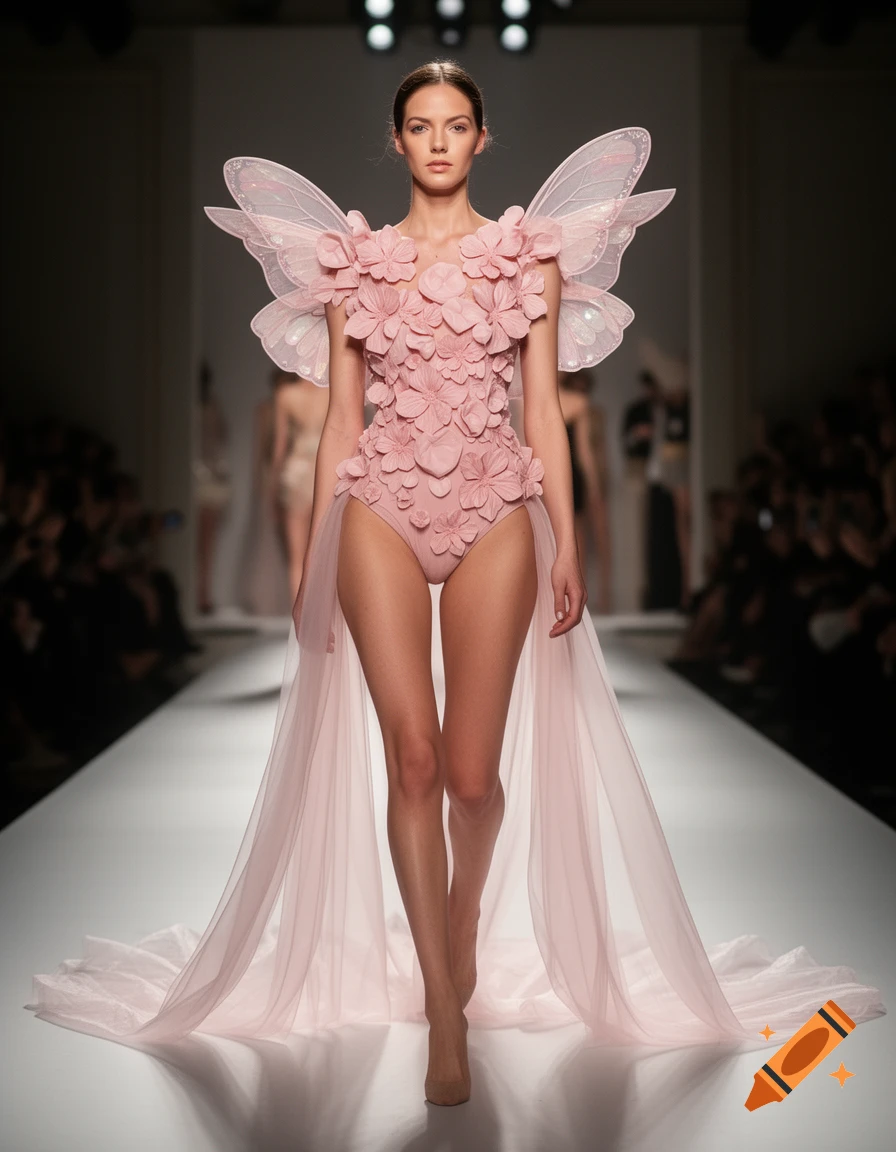 A photorealistic image of a model on a runway, wearing a pink couture bodysuit adorned with 3D petals, sheer train, and butterfly wings.