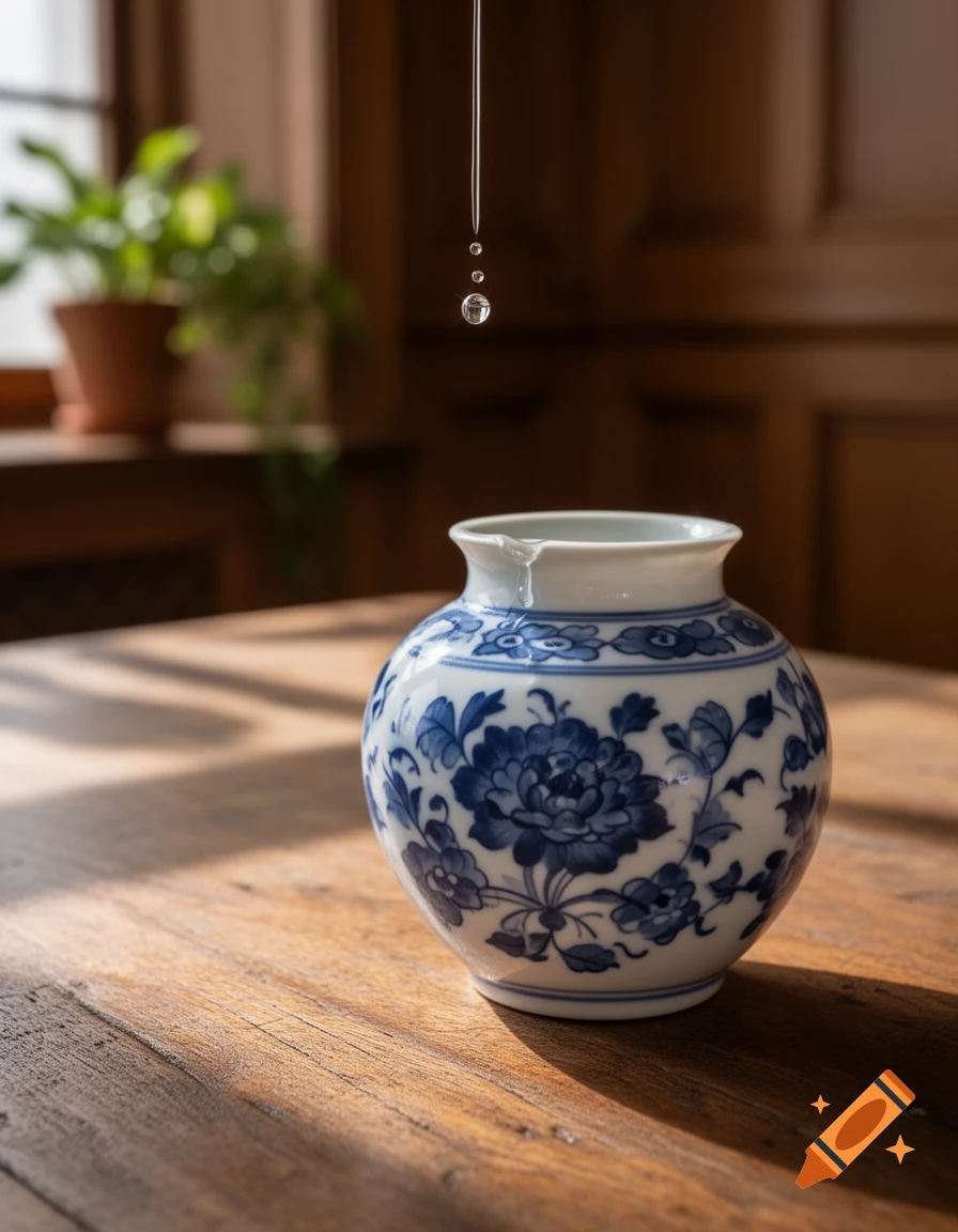 Photorealistic image of water drops falling above a blue and white ceramic vase on a wooden table.