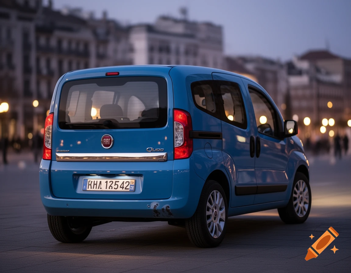 Rear view of a blue Fiat Qubo van parked on a street at dusk with city lights in the background.