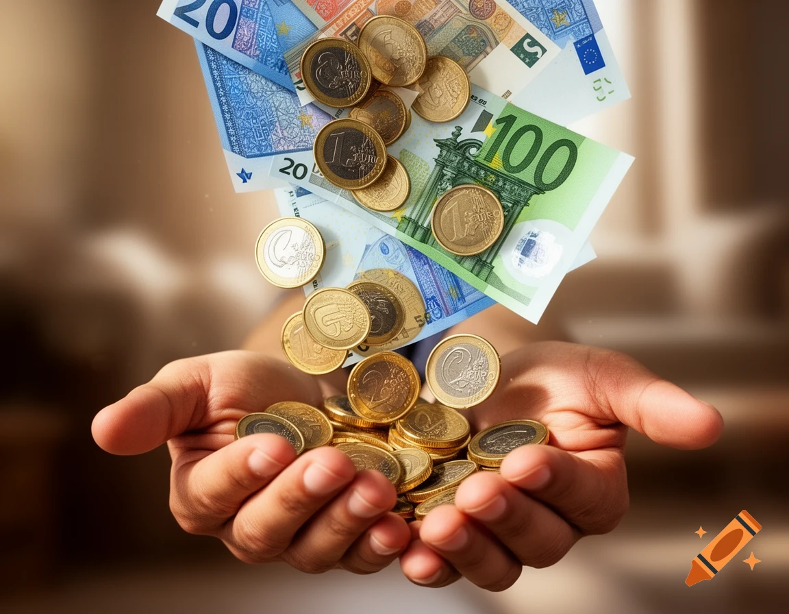 Photorealistic image of Euro banknotes and coins falling into outstretched open hands.