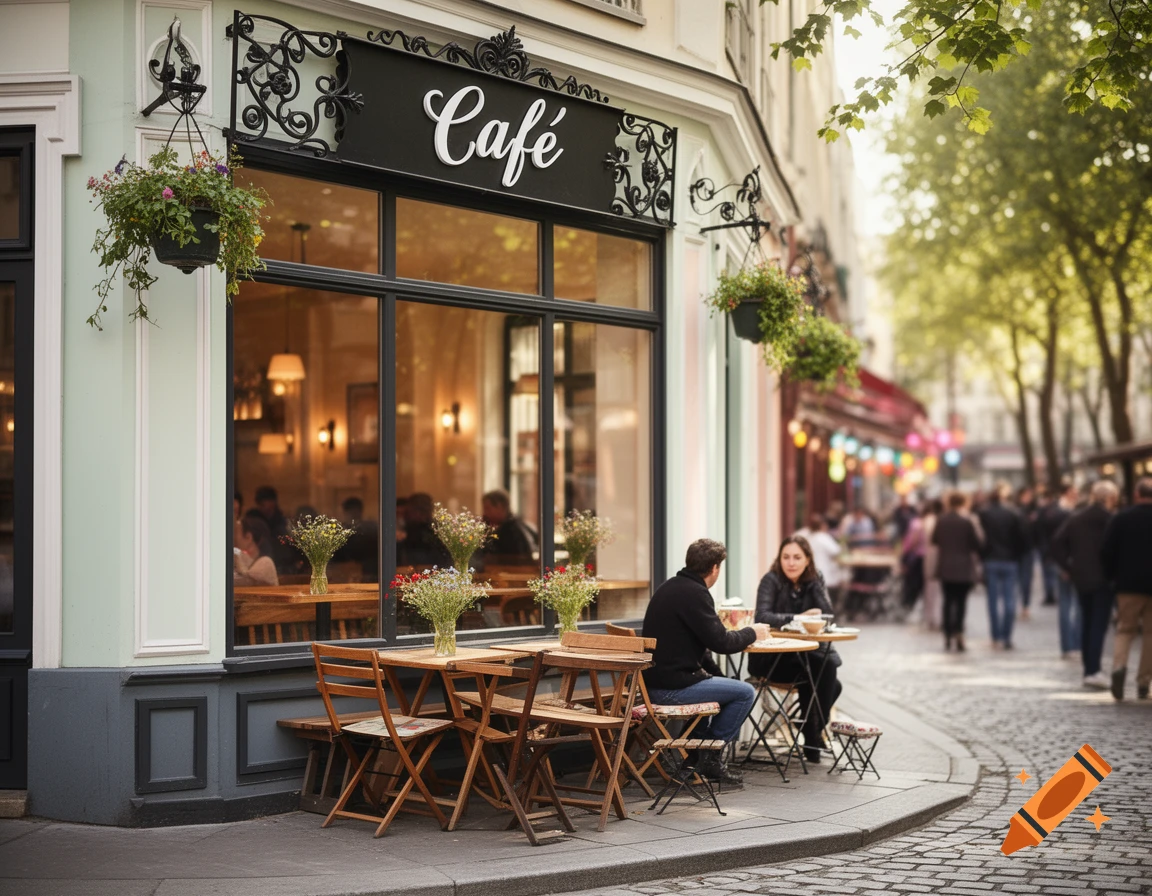 A charming European cafe with outdoor tables and chairs on a cobblestone street, with customers dining outside on a sunny day.