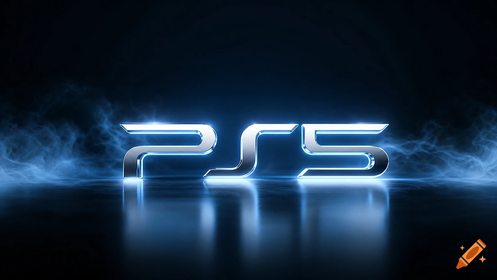 A metallic silver PS5 logo with glowing blue edges, surrounded by blue smoke, reflected on a dark surface.