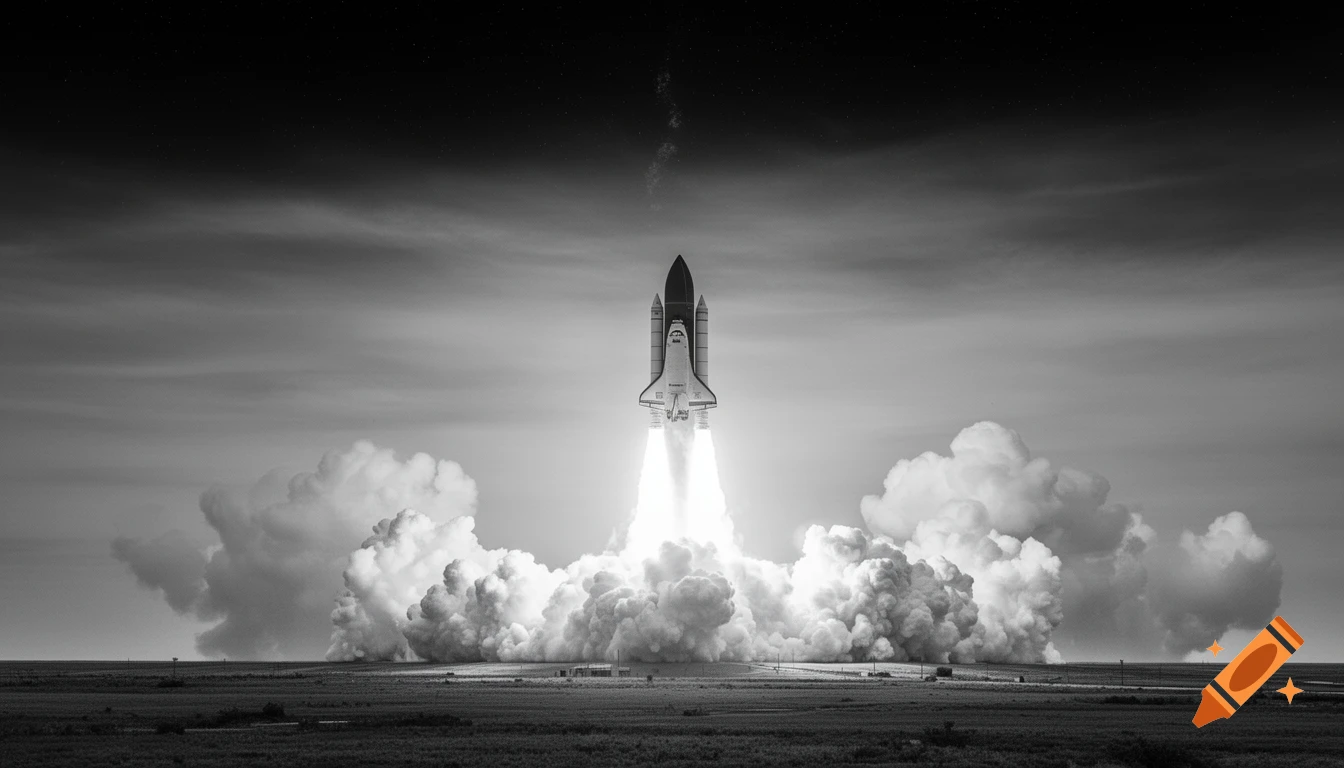 A black and white photorealistic image of a space shuttle launching, surrounded by dense smoke and exhaust rising from the ground.