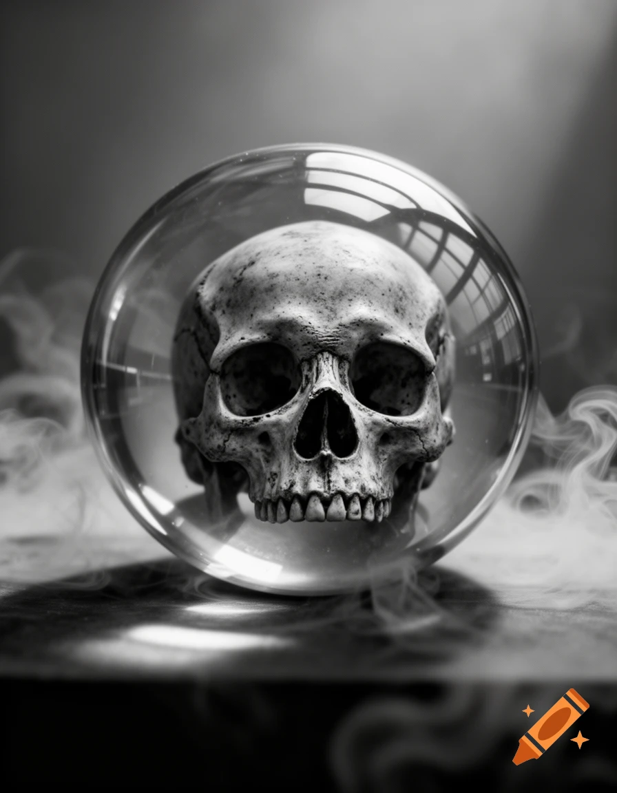 A black and white photorealistic skull trapped inside a crystal ball, surrounded by swirling smoke on a dark surface.
