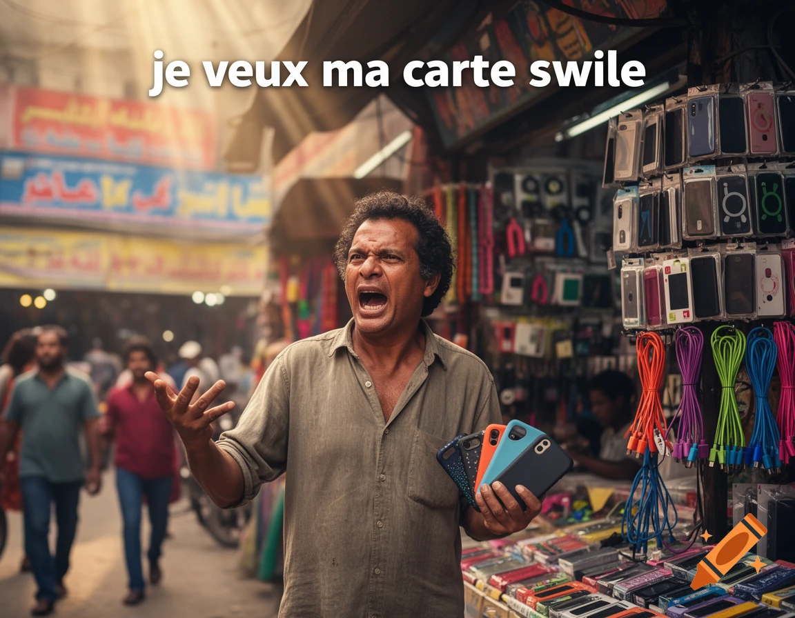 A male vendor shouts angrily in a bustling outdoor market, holding up several colorful phone cases. Photorealistic style.