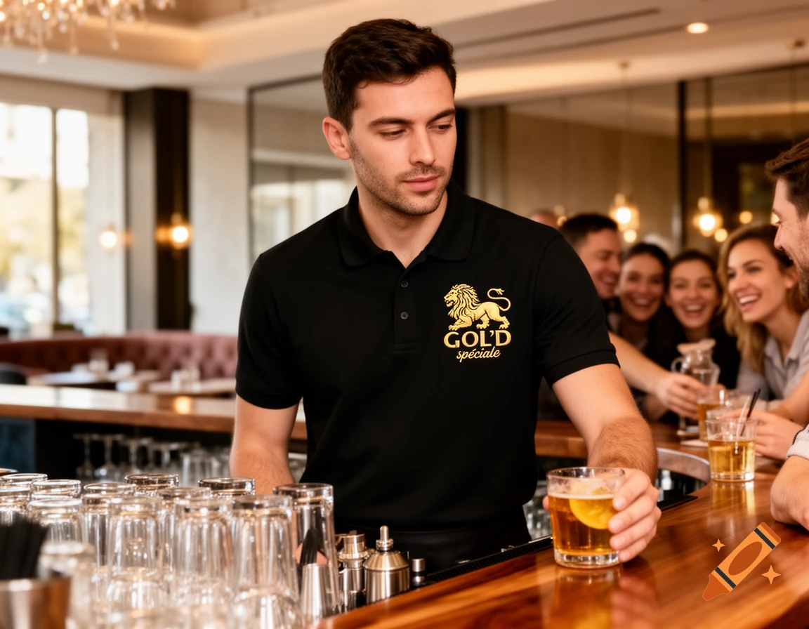 A male bartender in a black polo shirt with a golden lion logo serves drinks at a bar to smiling customers.