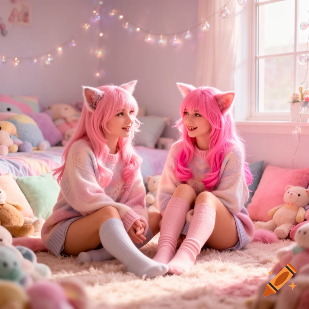 Two photorealistic pink-haired cat girls wearing pastel sweaters and socks, sitting in a cozy, pastel-themed bedroom.
