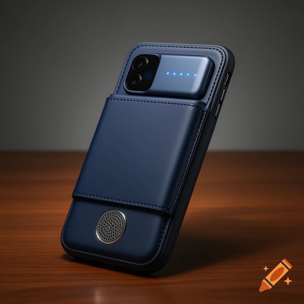 A dark blue leather phone case with a power bank and circular speaker grille on a wooden table.