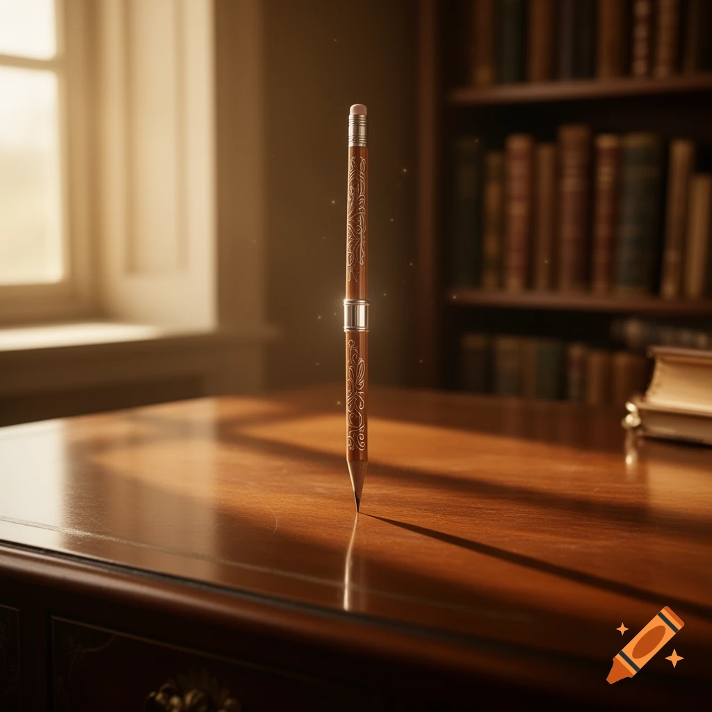 An ornate wooden pencil stands on its sharpened tip on a polished desk, with a sunlit window and blurred bookshelf in the background.
