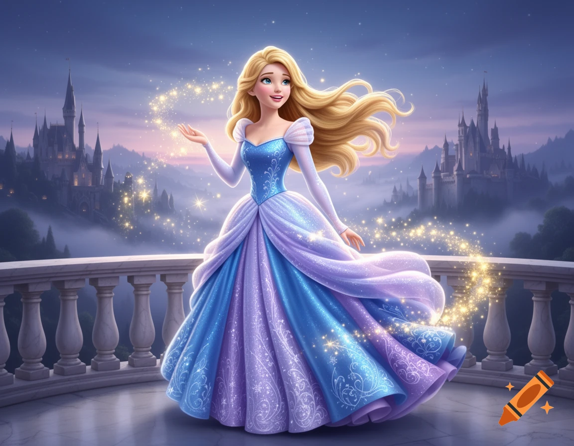 A cartoon princess with long blonde hair in a sparkling blue and purple gown stands on a balcony, casting magic, with castles in the background at dusk.