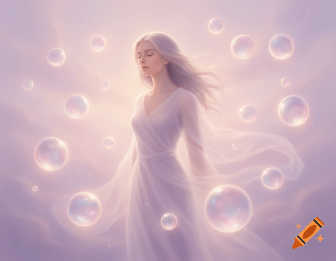 A serene woman with light hair in a flowing white dress, eyes closed, surrounded by glowing iridescent bubbles against a soft pink and purple pastel background.