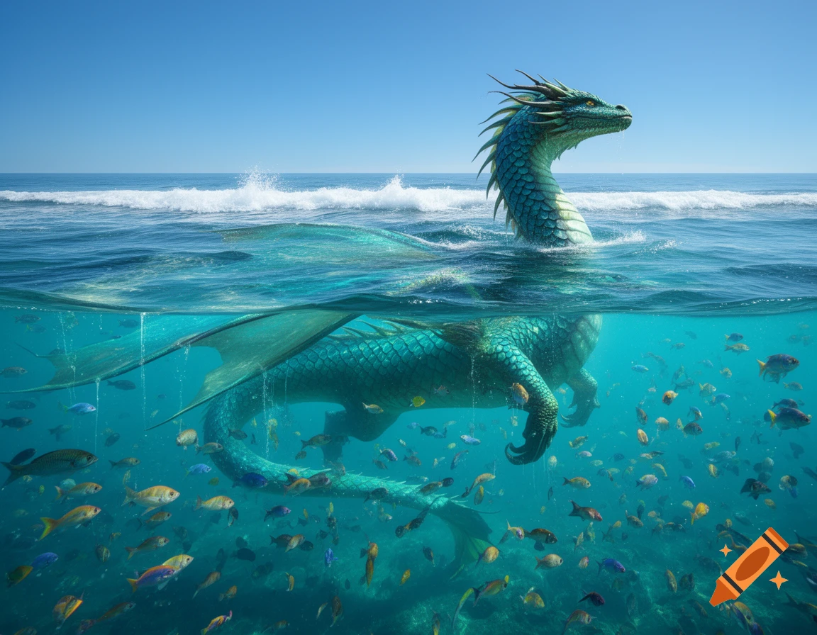 A large teal dragon, head above water, body submerged with colorful fish in a photorealistic ocean scene.