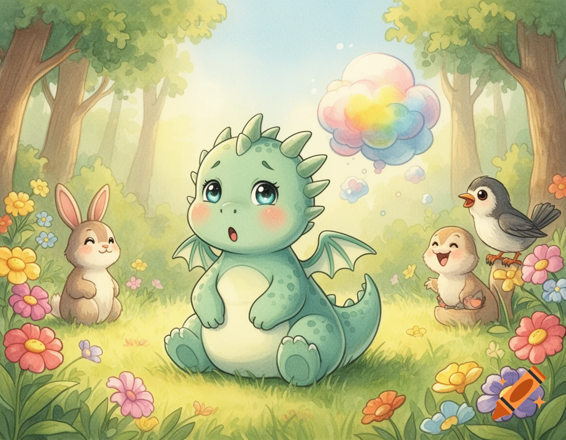A cute, surprised baby dragon in a sunny watercolor forest clearing, watched by a rabbit, rodent, and bird. A colorful cloud floats above.