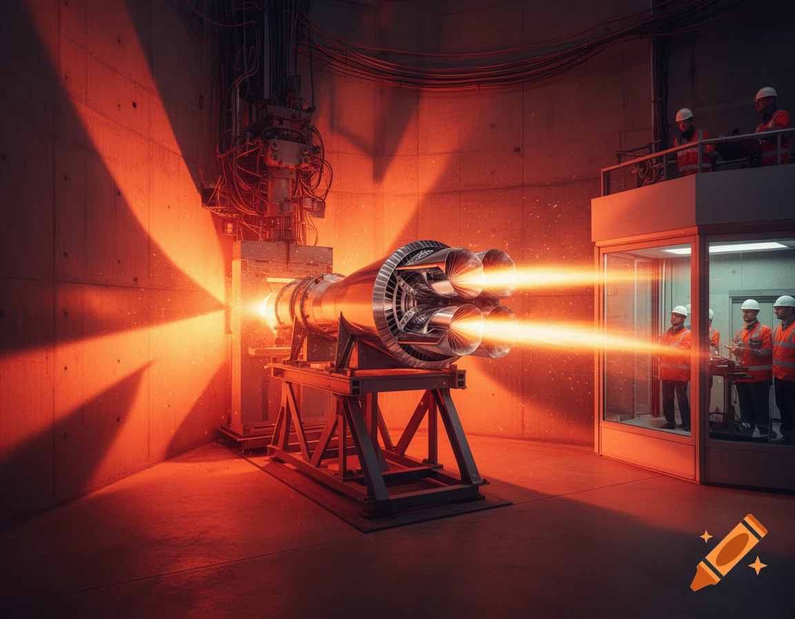 Photorealistic image of a large rocket engine testing inside a concrete facility, emitting bright orange jets with engineers observing from a control room and balcony.