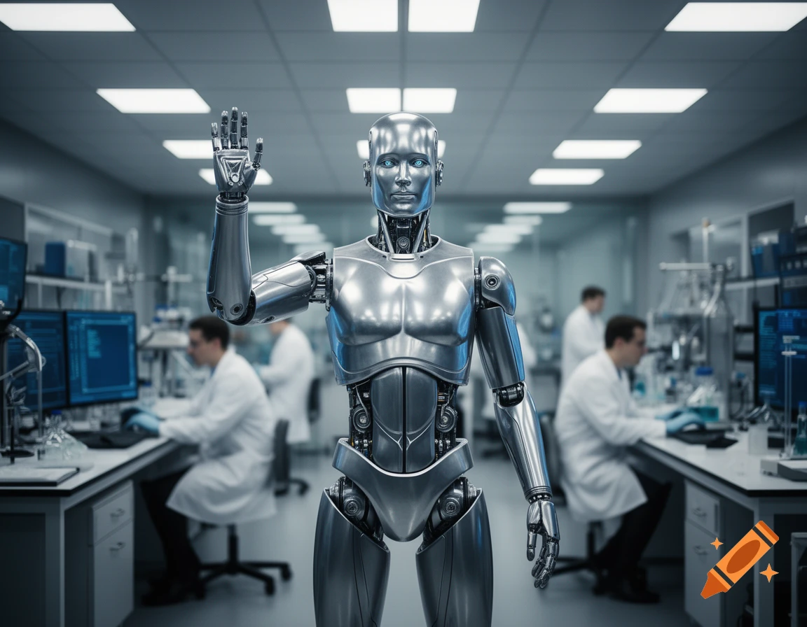 A photorealistic image of a metallic silver robot with glowing blue eyes, standing centrally in a modern science lab, raising its right hand in a greeting. Scientists work at computer stations in the background.