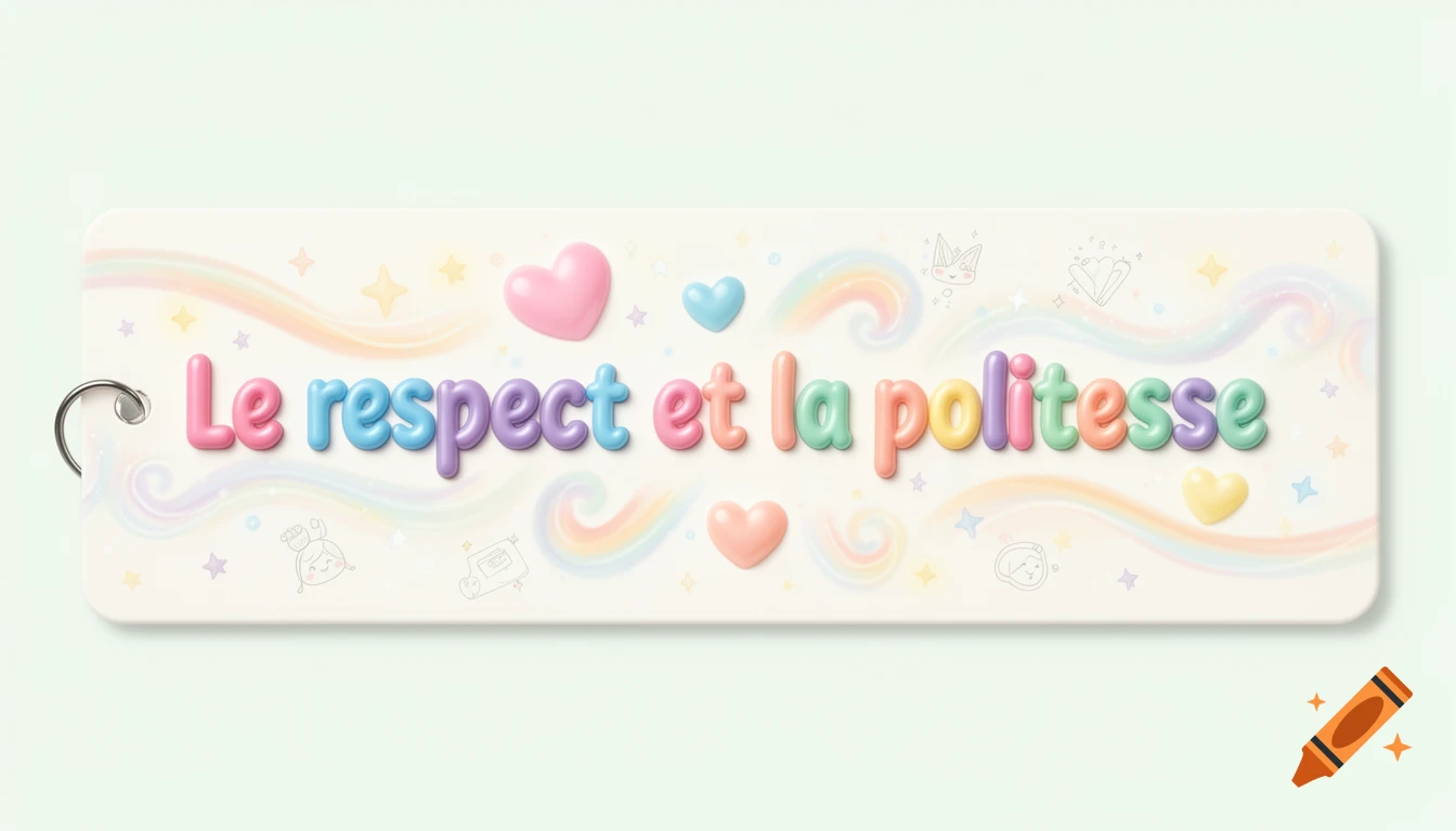A rectangular keychain design with colorful, glossy 3D text 'Le respect et la politesse' surrounded by hearts, stars, and rainbow swirls on a light pastel background.