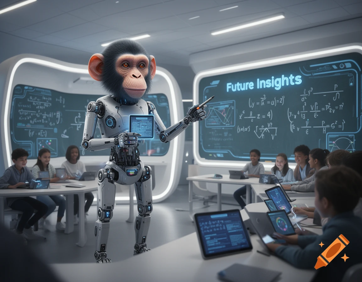 A robot with a chimpanzee head teaches a diverse group of children in a futuristic classroom with glowing screens displaying 'Future Insights' and mathematical equations.