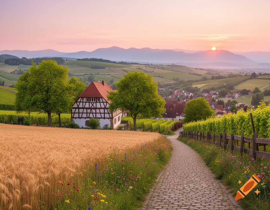 A traditional half-timbered house stands among wheat fields and vineyards, with a cobblestone path leading towards a village at sunset.