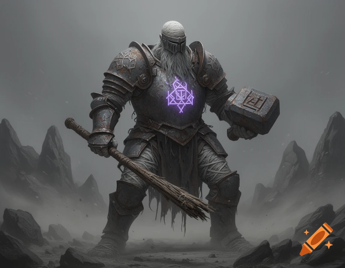 A giant armored mummy with a long white beard and glowing purple symbol on its chest stands in a rocky, foggy landscape, wielding a large club and a hammer.