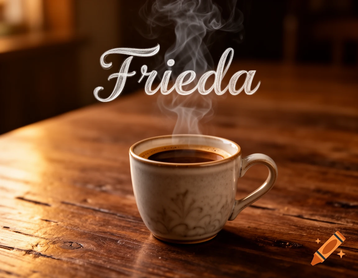 Steaming ceramic coffee cup with the word 'Frieda' formed in the steam, on a wooden table with cinematic lighting.