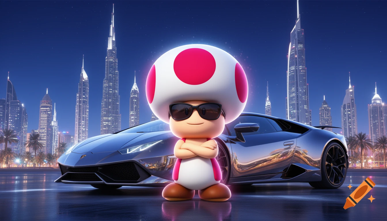 Toad in sunglasses, arms crossed, stands before a blue Lamborghini with a modern city skyline at night.