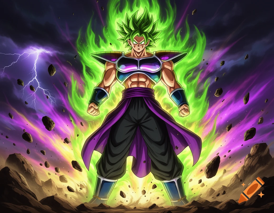 An anime character with spiky green hair and a powerful green aura stands in a stormy, rocky landscape.