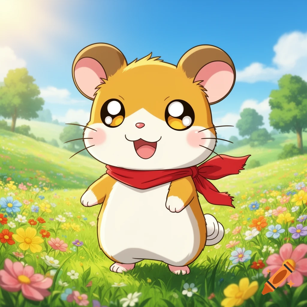 A cute, smiling orange and white cartoon hamster with a red scarf stands in a vibrant field of colorful flowers under a blue sky.