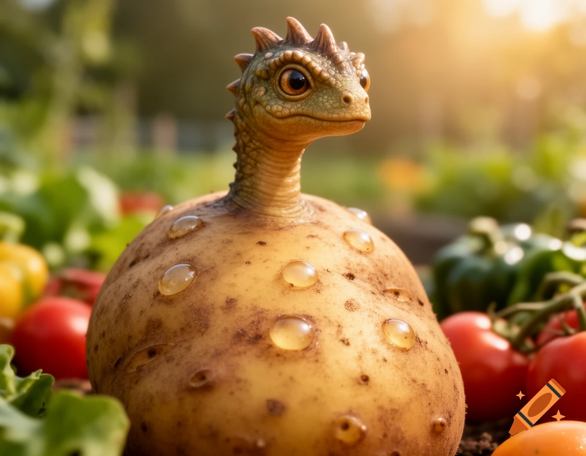 A whimsical baby dinosaur head sprouts from a potato body covered in water droplets, in a sunny garden among tomatoes and leaves.
