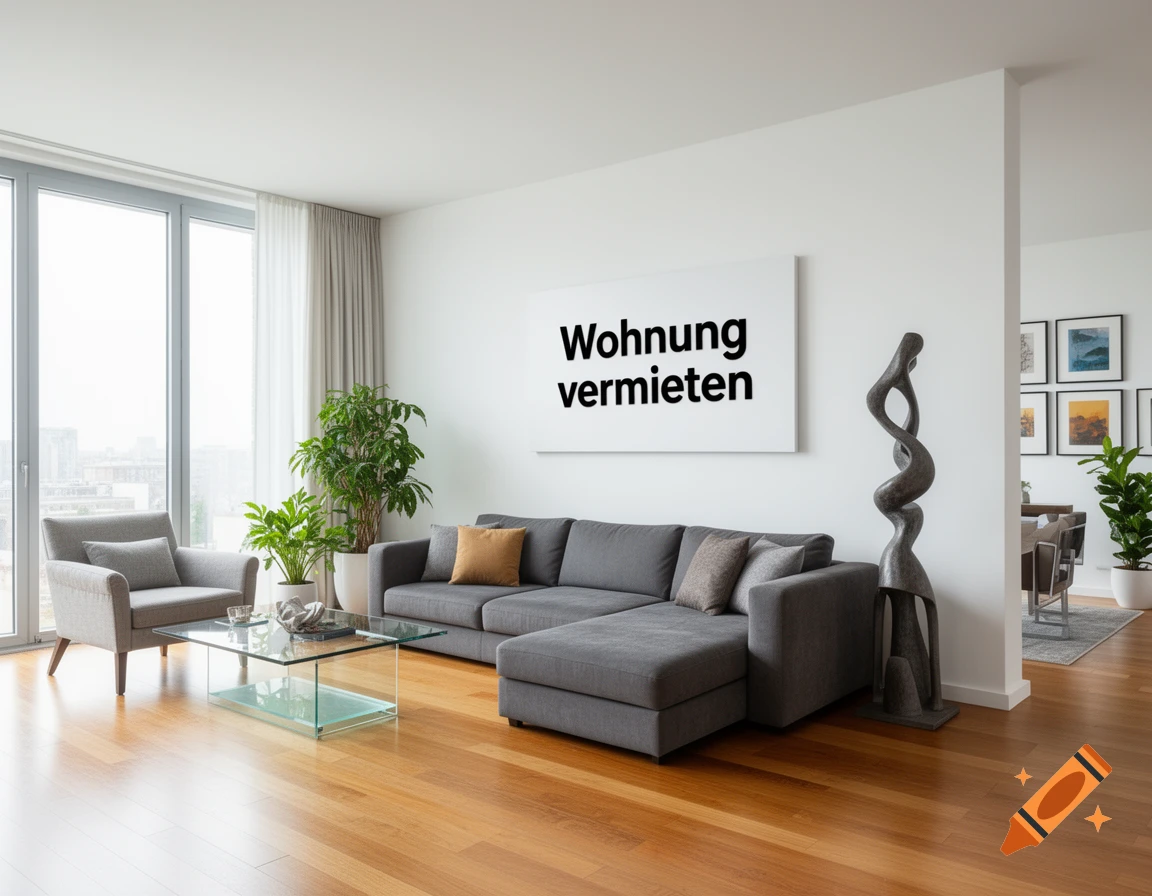 Modern living room with a grey sectional sofa, glass table, plants, and a whiteboard with 'Wohnung vermieten'.