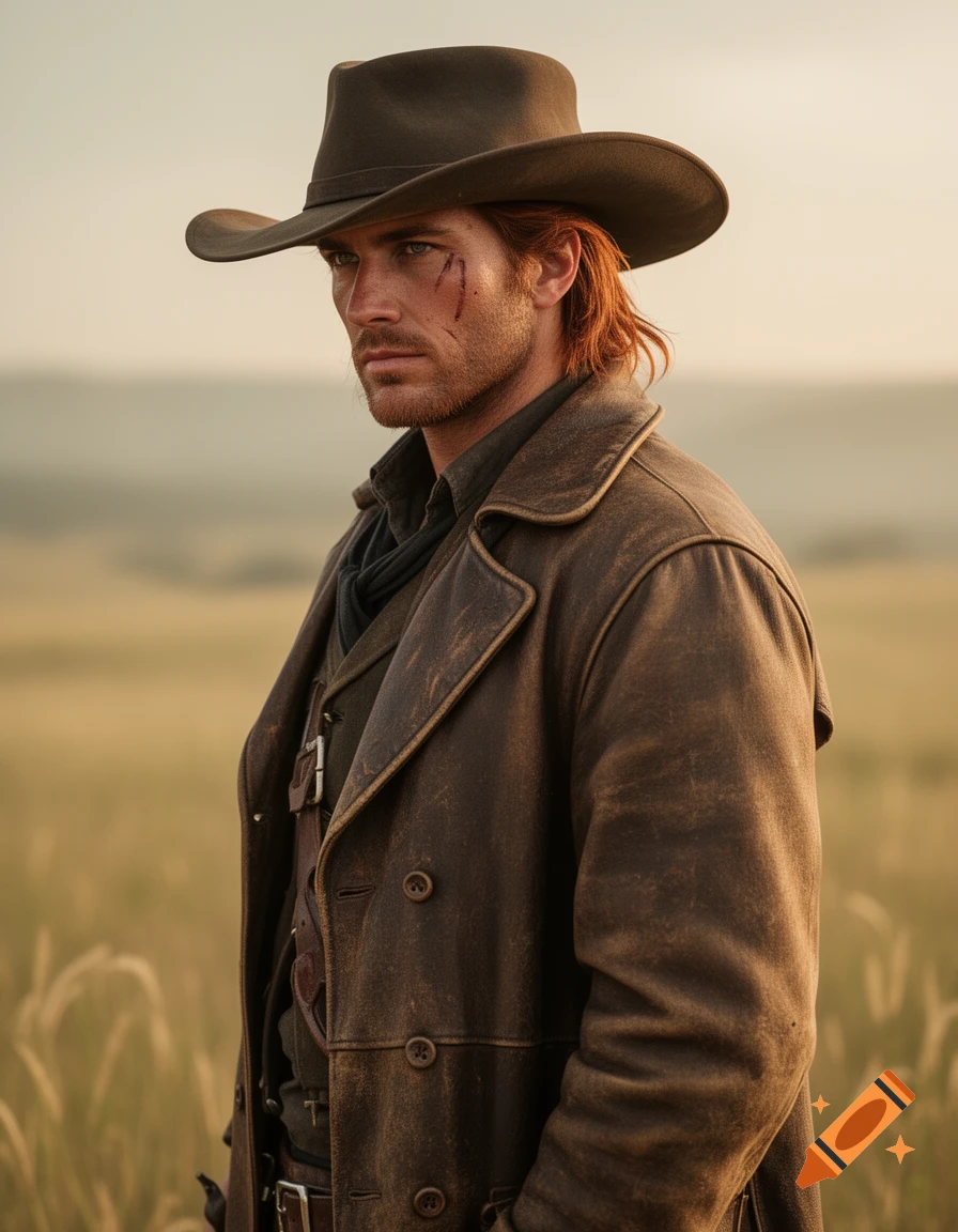 A rugged cowboy with reddish-brown hair, a scar, a hat, and a leather coat stands in a field at sunset.