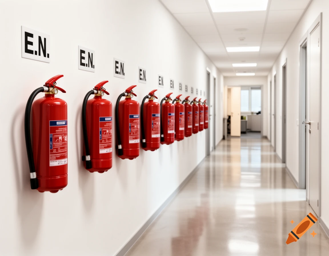 A long, well-lit office corridor with a row of red fire extinguishers labeled E.N. on the white wall.