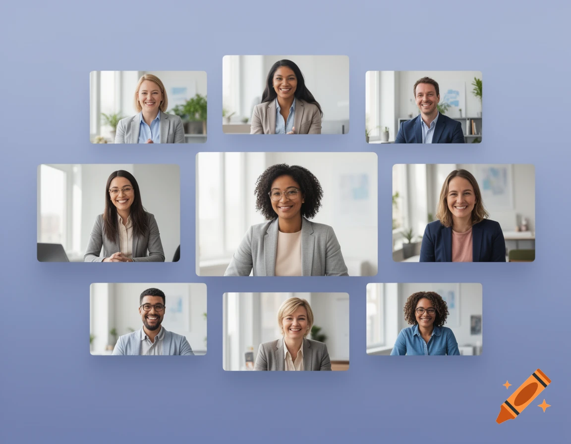 A grid of eight diverse smiling business professionals in separate video call windows against a purple background.
