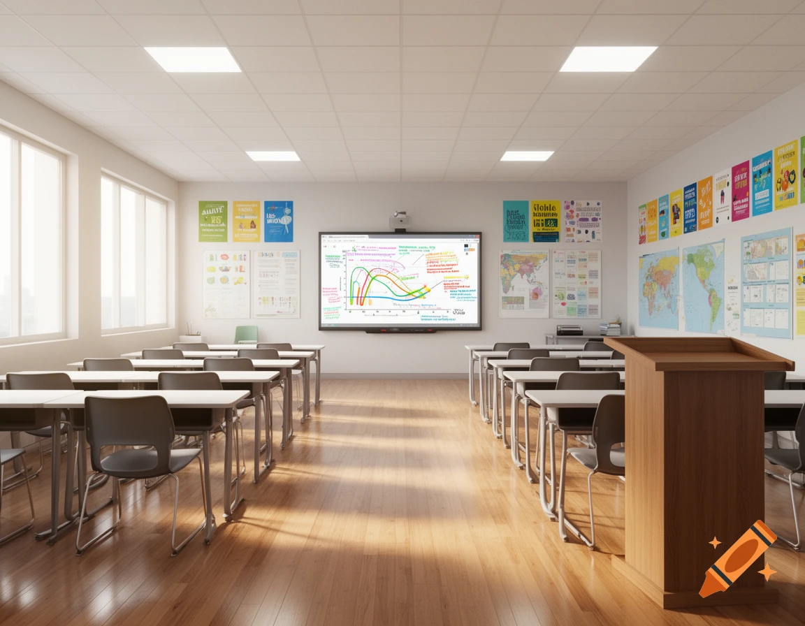 A modern, empty classroom from the front perspective, with rows of desks and chairs, a smartboard displaying graphs, and posters on the walls.