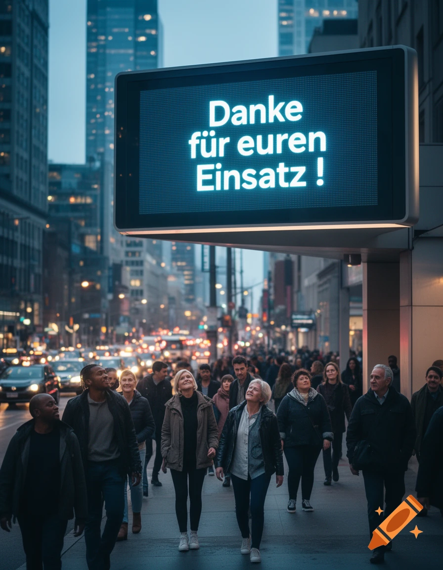 A diverse group of people walk on a busy city street at dusk, looking up at a large digital sign displaying 'Danke für euren Einsatz!' (Thank you for your efforts!).