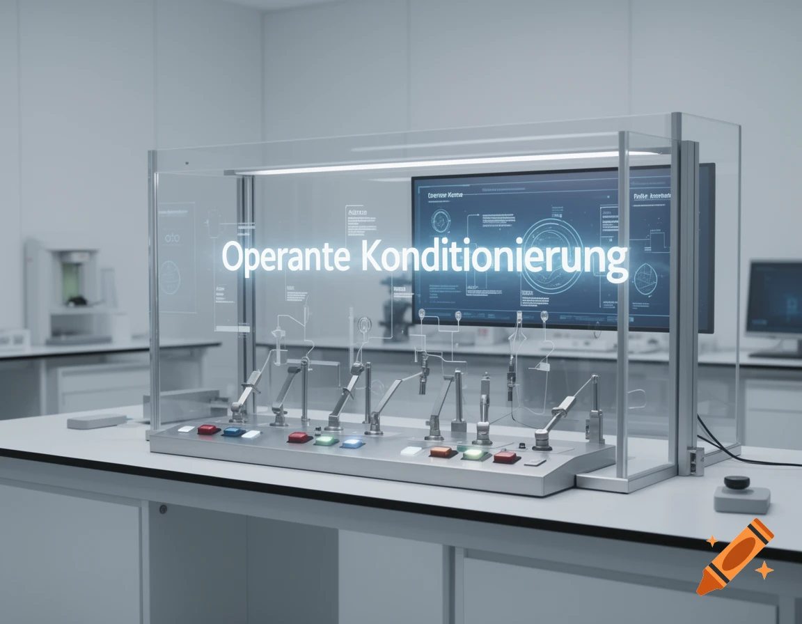 A modern laboratory setup with a holographic screen displaying "Operante Konditionierung" and scientific equipment.