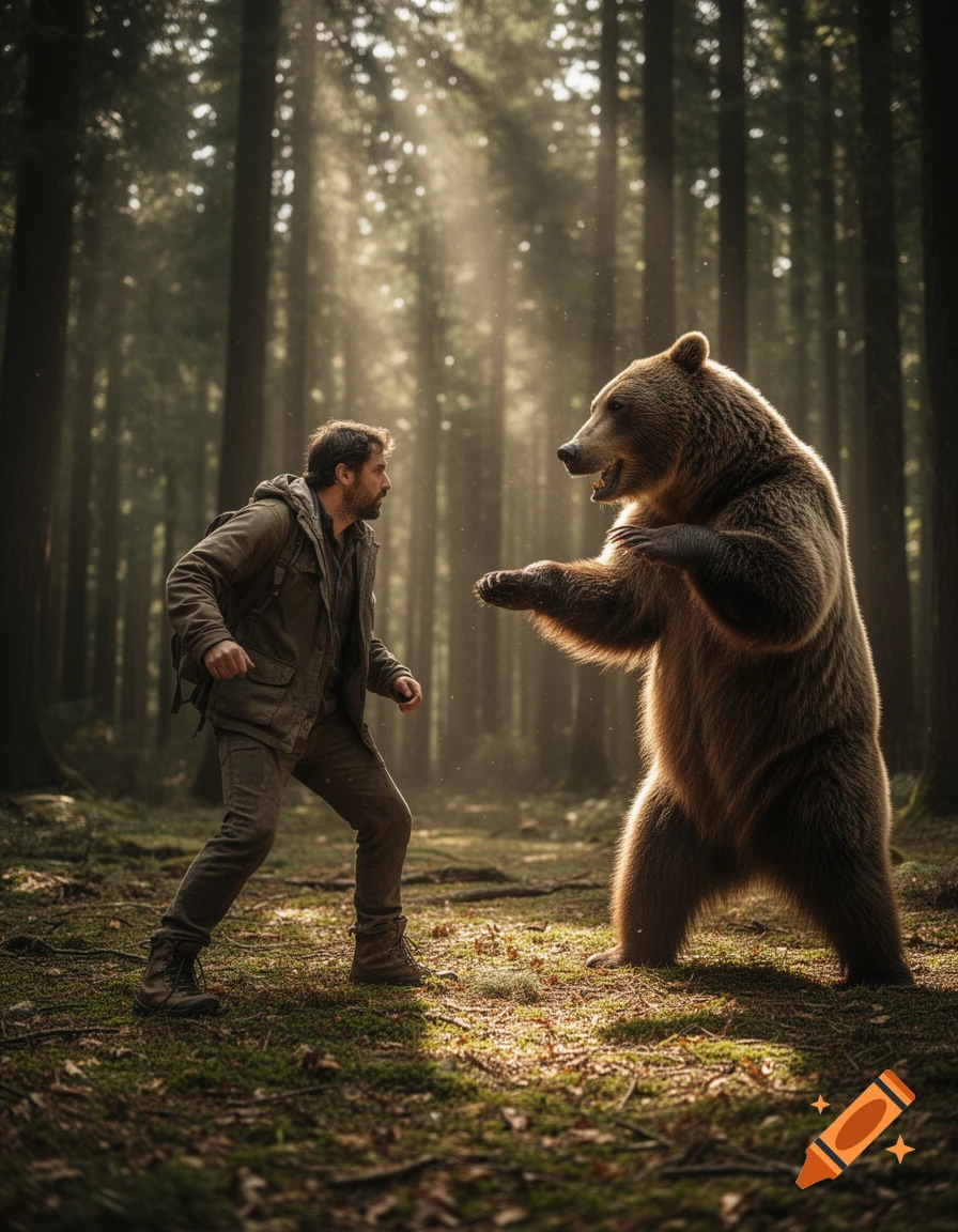 A man and a grizzly bear confront each other in a sunlit forest. Photorealistic.